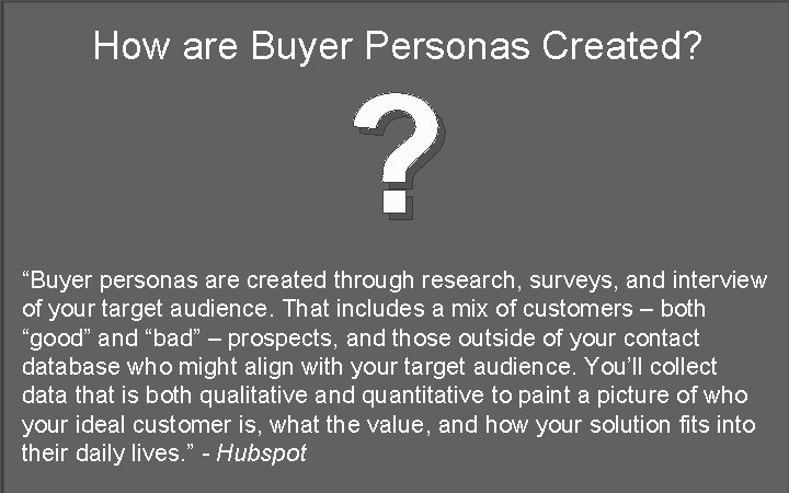 How are Buyer Personas Created? ? “Buyer personas are created through research, surveys, and