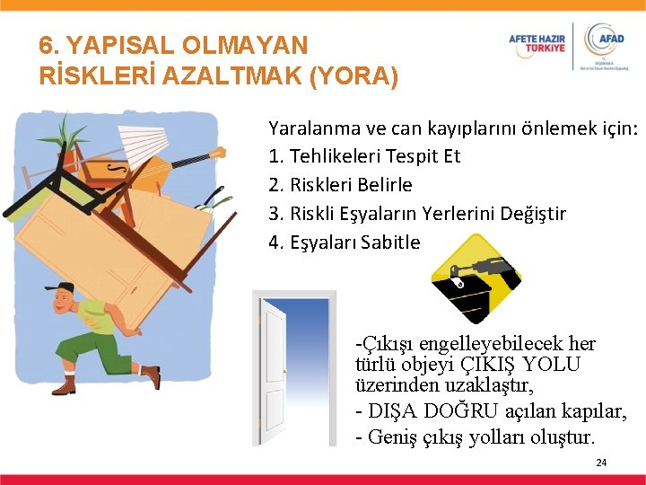 6. YAPISAL OLMAYAN RİSKLERİ AZALTMAK (YORA) Yaralanma ve can kayıplarını önlemek için: 1. Tehlikeleri