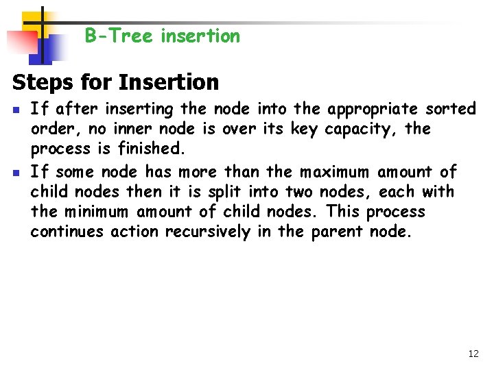 B-Tree insertion Steps for Insertion n n If after inserting the node into the