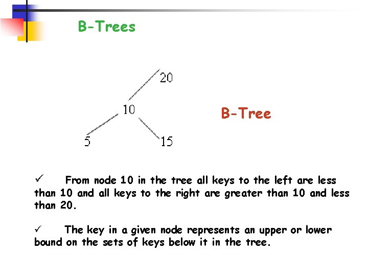 B-Trees B-Tree From node 10 in the tree all keys to the left are