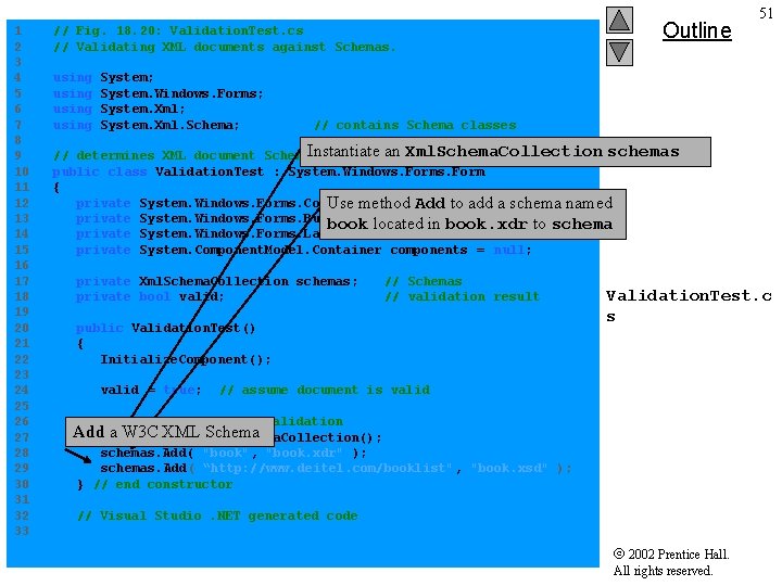 Outline 51 1 // Fig. 18. 20: Validation. Test. cs 2 // Validating XML