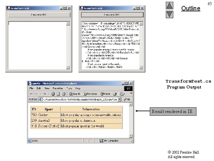 Outline 65 Transform. Test. cs Program Output Result rendered in IE 2002 Prentice Hall.