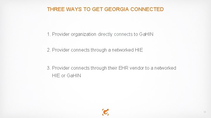 THREE WAYS TO GET GEORGIA CONNECTED 1. Provider organization directly connects to Ga. HIN
