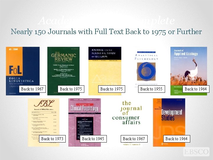 Academic Search Complete Nearly 150 Journals with Full Text Back to 1975 or Further Academic Search Complete Nearly 150 Journals with Full Text Back to 1975 or Further