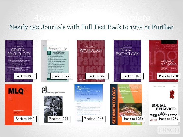 Academic Search Complete Nearly 150 Journals with Full Text Back to 1975 or Further