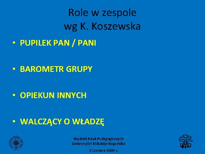 Role w zespole wg K. Koszewska • PUPILEK PAN / PANI • BAROMETR GRUPY