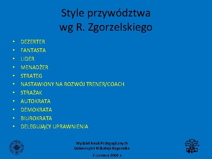 Style przywództwa wg R. Zgorzelskiego • • • DEZERTER FANTASTA LIDER MENADŻER STRATEG NASTAWIONY