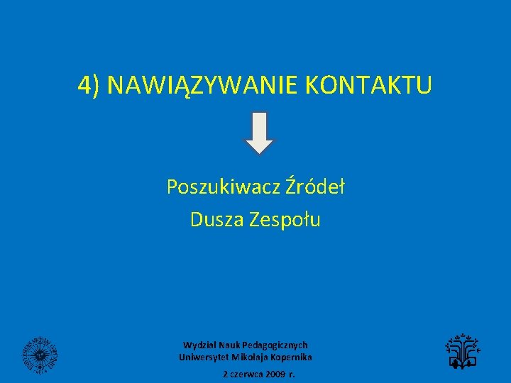 4) NAWIĄZYWANIE KONTAKTU Poszukiwacz Źródeł Dusza Zespołu Wydział Nauk Pedagogicznych Uniwersytet Mikołaja Kopernika 2