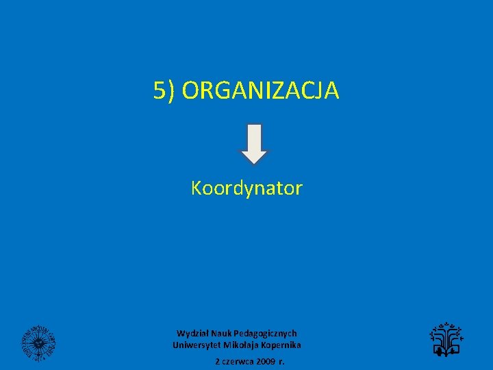 5) ORGANIZACJA Koordynator Wydział Nauk Pedagogicznych Uniwersytet Mikołaja Kopernika 2 czerwca 2009 r. 