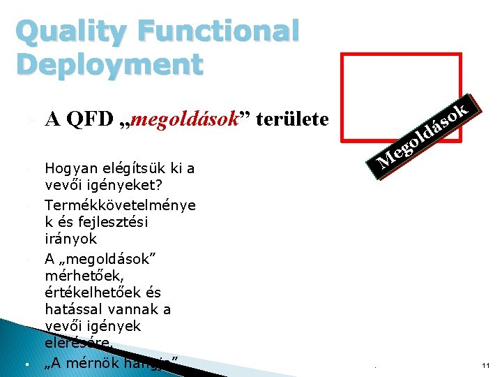 Quality Functional Deployment Ø § § k A QFD „megoldások” területe Hogyan elégítsük ki