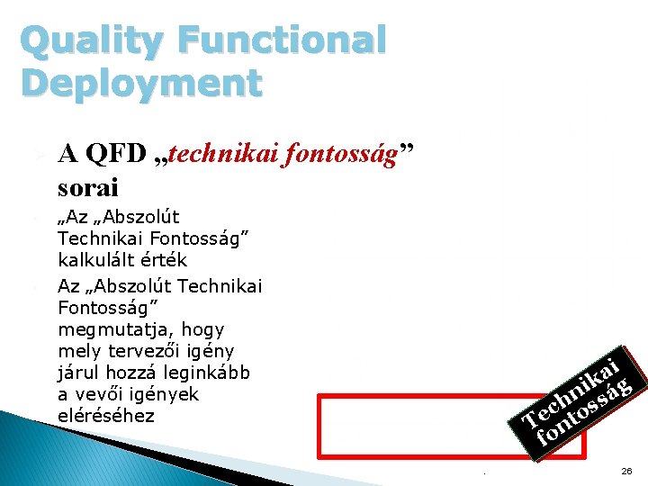 Quality Functional Deployment Ø § § A QFD „technikai fontosság” sorai „Az „Abszolút Technikai