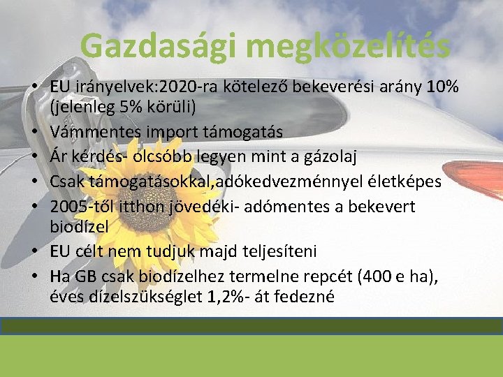 Gazdasági megközelítés • EU irányelvek: 2020 -ra kötelező bekeverési arány 10% (jelenleg 5% körüli)