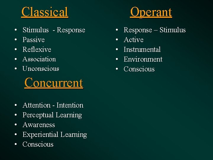  Classical Operant • • • Stimulus - Response Passive Reflexive Association Unconscious Concurrent