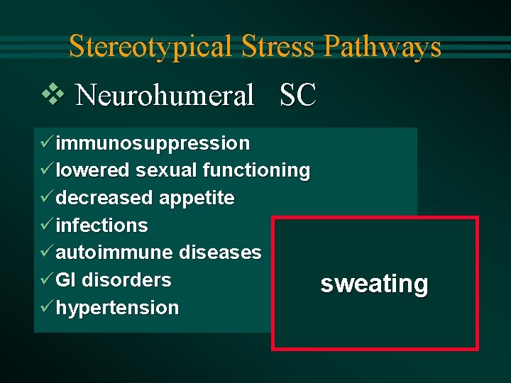 Stereotypical Stress Pathways v Neurohumeral SC üimmunosuppression ülowered sexual functioning üdecreased appetite üinfections üautoimmune