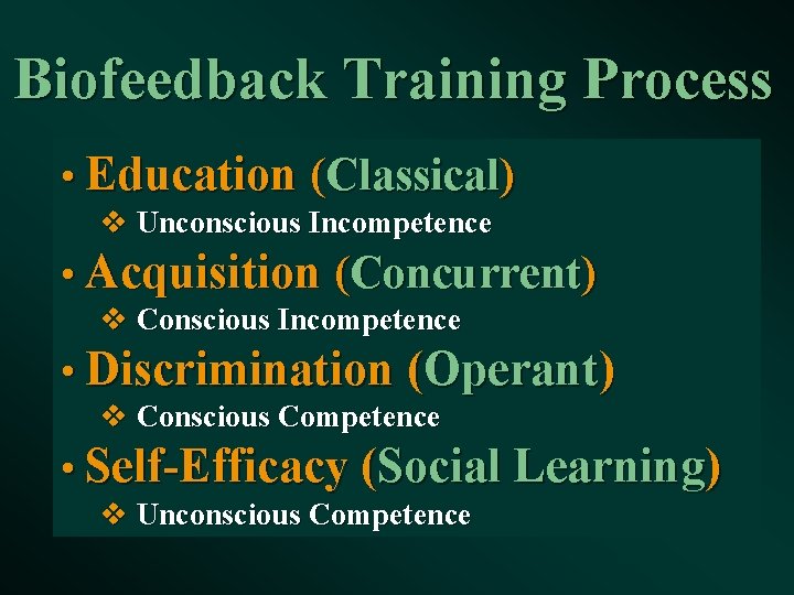 Biofeedback Training Process • Education (Classical) v Unconscious Incompetence • Acquisition (Concurrent) v Conscious