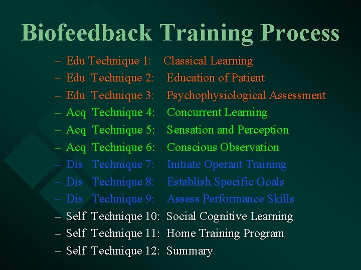 Biofeedback Training Process – – – Edu Technique 1: Classical Learning Edu Technique 2: