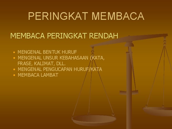 PERINGKAT MEMBACA PERINGKAT RENDAH • MENGENAL BENTUK HURUF • MENGENAL UNSUR KEBAHASAAN (KATA, FRASE,