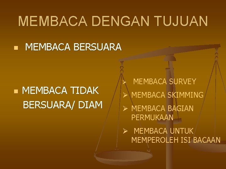 MEMBACA DENGAN TUJUAN n n MEMBACA BERSUARA MEMBACA TIDAK BERSUARA/ DIAM Ø MEMBACA SURVEY