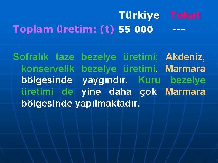 Türkiye Toplam üretim: (t) 55 000 Sofralık taze bezelye üretimi; konservelik bezelye üretimi, bölgesinde