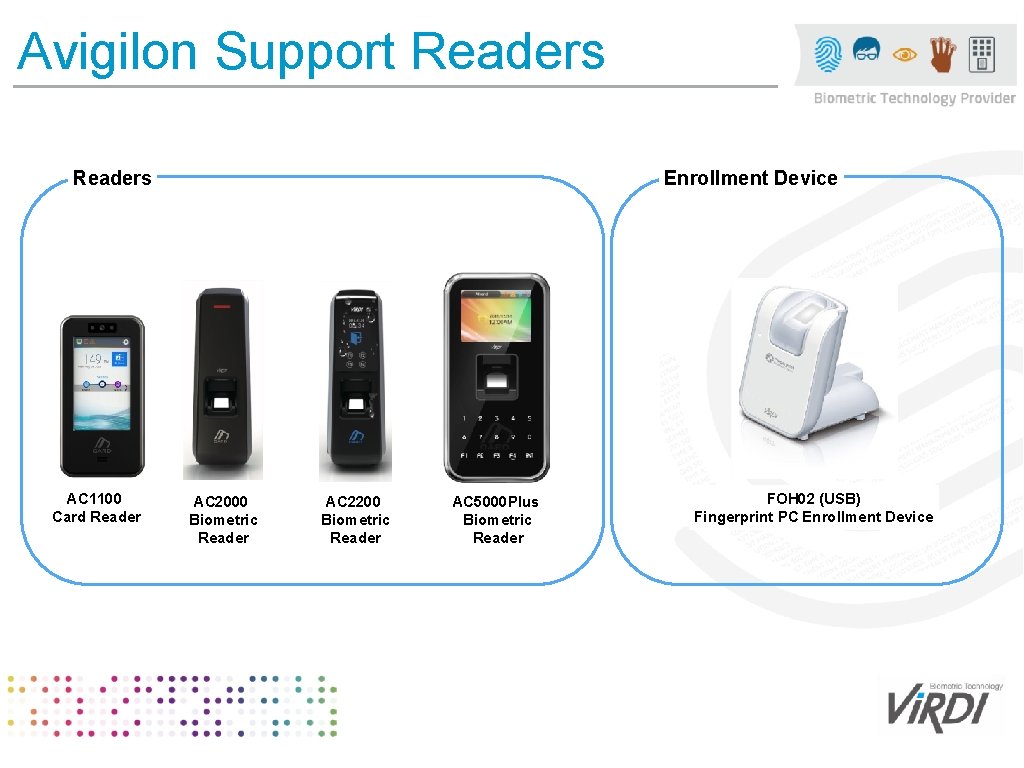 Avigilon Support Readers AC 1100 Card Reader Enrollment Device AC 2000 Biometric Reader AC