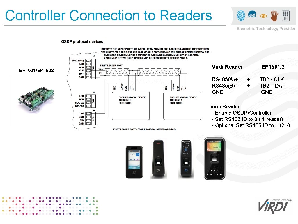 Controller Connection to Readers EP 1501/EP 1502 Virdi Reader EP 1501/2 RS 485(A)+ +