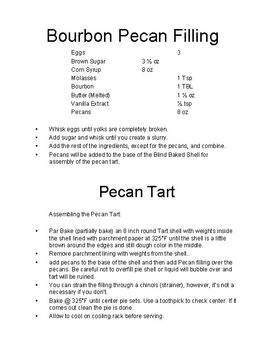 Bourbon Pecan Filling Eggs Brown Sugar Corn Syrup Molasses Bourbon Butter (Melted) Vanilla Extract