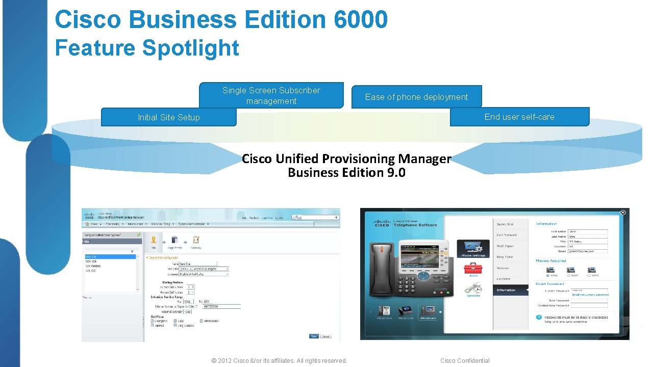 Cisco Business Edition 6000 Feature Spotlight Single Screen Subscriber management Ease of phone deployment