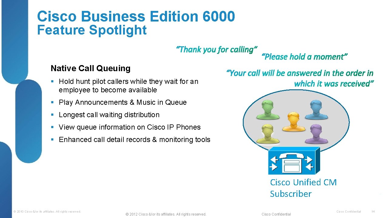 Cisco Business Edition 6000 Feature Spotlight Native Call Queuing § Hold hunt pilot callers