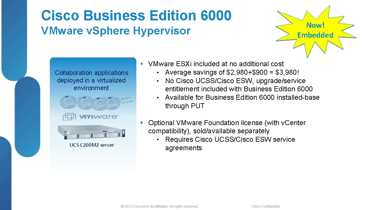 Cisco Business Edition 6000 Now! Embedded VMware v. Sphere Hypervisor Collaboration applications deployed in