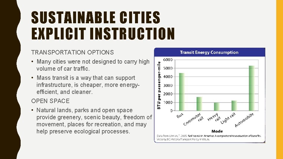 SUSTAINABLE CITIES EXPLICIT INSTRUCTION TRANSPORTATION OPTIONS • Many cities were not designed to carry