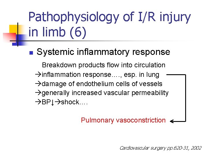 Pathophysiology of I/R injury in limb (6) n Systemic inflammatory response Breakdown products flow