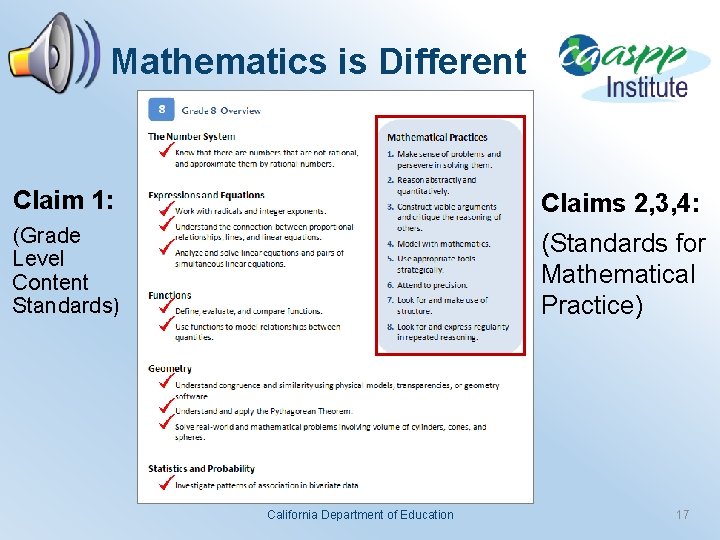 Mathematics is Different Claim 1: Claims 2, 3, 4: (Grade Level Content Standards) (Standards