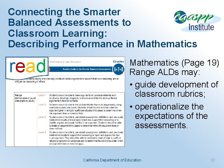 Connecting the Smarter Balanced Assessments to Classroom Learning: Describing Performance in Mathematics read Mathematics