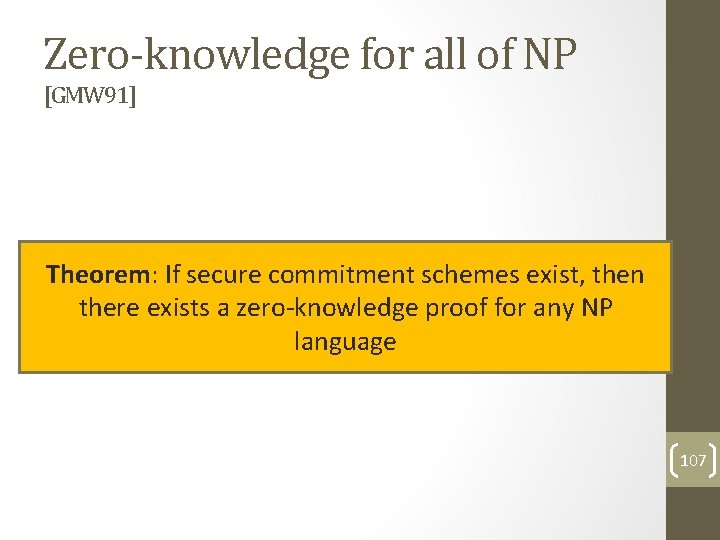 Zero-knowledge for all of NP [GMW 91] Theorem: If secure commitment schemes exist, then