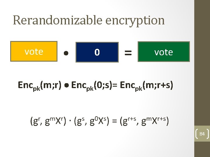 Rerandomizable encryption vote 0 = vote Encpk(m; r) Encpk(0; s)= Encpk(m; r+s) 84 