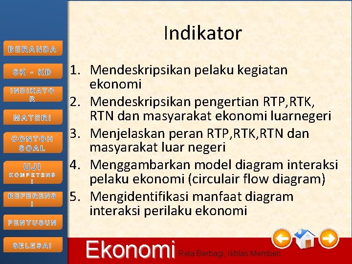 Indikator 1. Mendeskripsikan pelaku kegiatan ekonomi 2. Mendeskripsikan pengertian RTP, RTK, RTN dan masyarakat Indikator 1. Mendeskripsikan pelaku kegiatan ekonomi 2. Mendeskripsikan pengertian RTP, RTK, RTN dan masyarakat