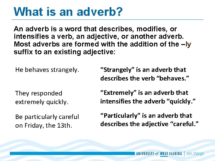 What is an adverb? An adverb is a word that describes, modifies, or intensifies