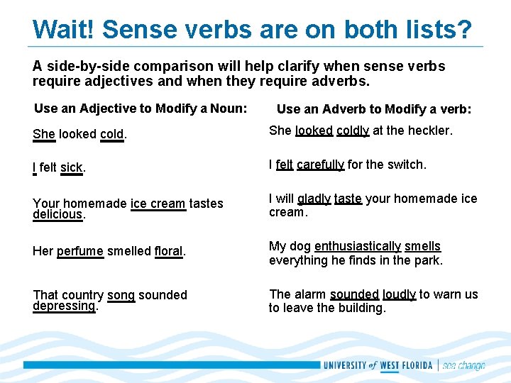 Wait! Sense verbs are on both lists? A side-by-side comparison will help clarify when