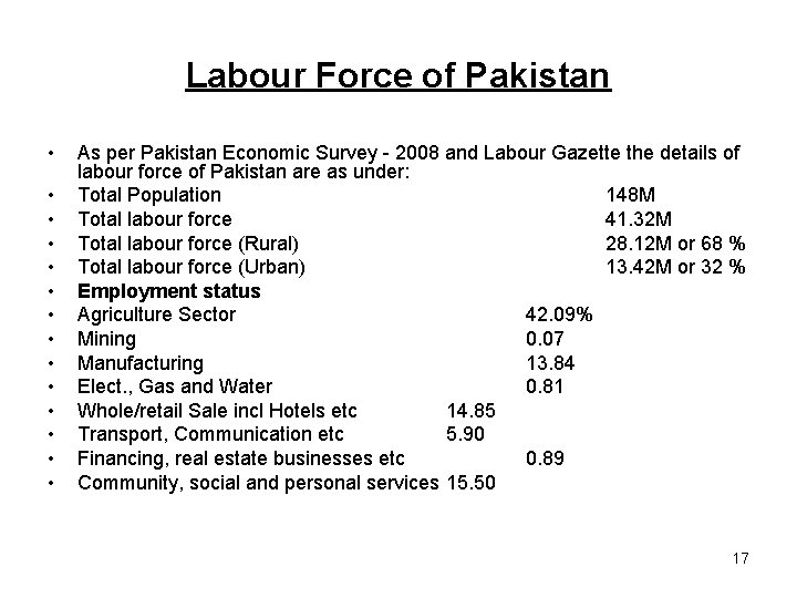 Labour Force of Pakistan • • • • As per Pakistan Economic Survey -