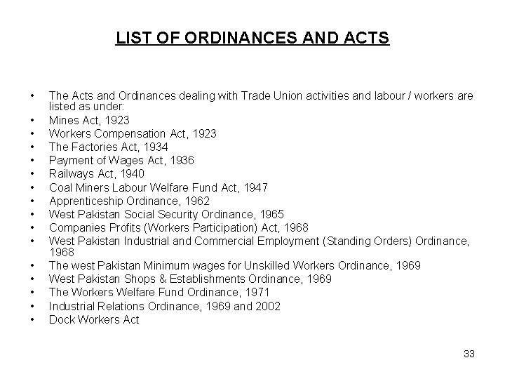 LIST OF ORDINANCES AND ACTS • • • • The Acts and Ordinances dealing