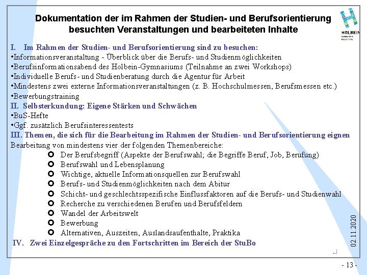 Dokumentation der im Rahmen der Studien- und Berufsorientierung besuchten Veranstaltungen und bearbeiteten Inhalte 02.