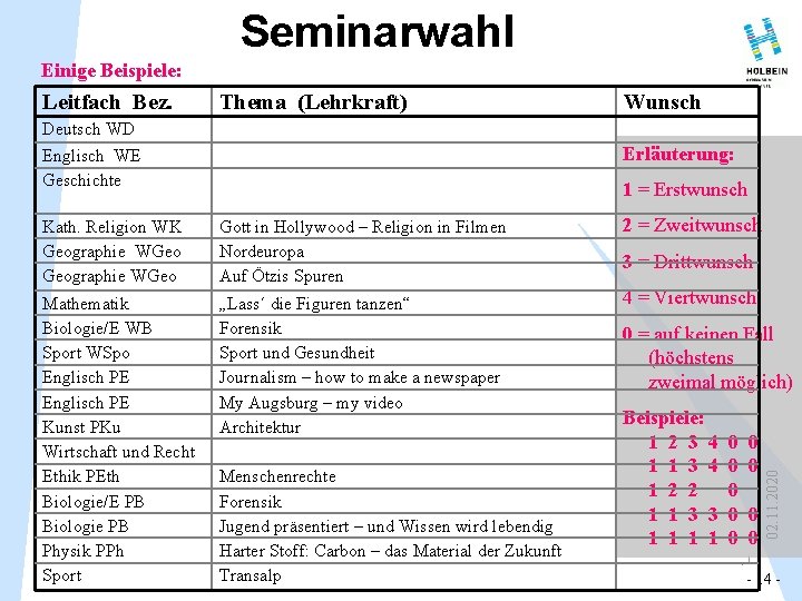 Seminarwahl Einige Beispiele: Leitfach Bez. Thema (Lehrkraft) Wunsch Deutsch WD Erläuterung: Englisch WE Geschichte Seminarwahl Einige Beispiele: Leitfach Bez. Thema (Lehrkraft) Wunsch Deutsch WD Erläuterung: Englisch WE Geschichte