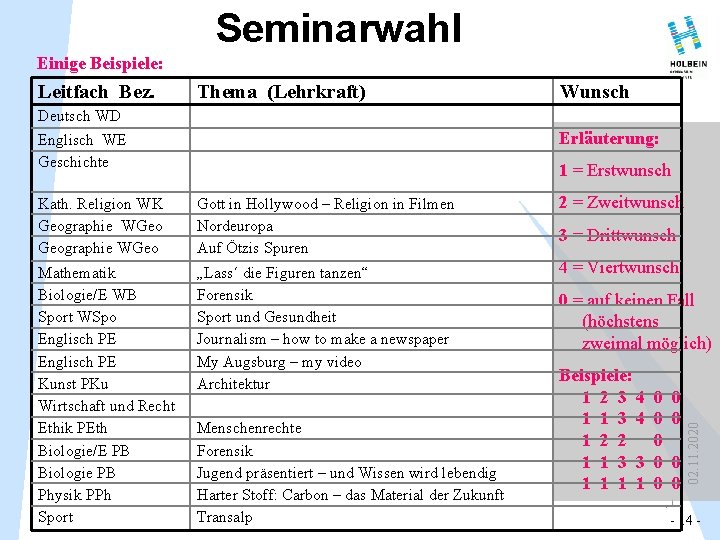 Seminarwahl Einige Beispiele: Leitfach Bez. Thema (Lehrkraft) Wunsch Deutsch WD Erläuterung: Englisch WE Geschichte