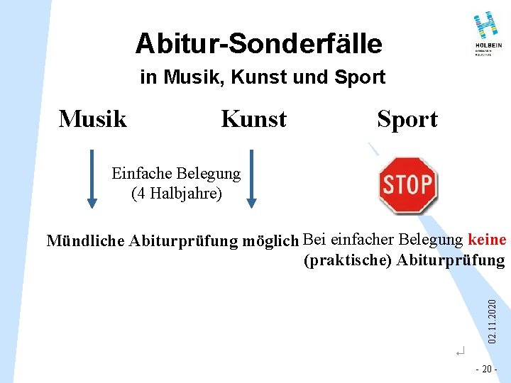 Abitur-Sonderfälle in Musik, Kunst und Sport Musik Kunst Sport Einfache Belegung (4 Halbjahre) 02.