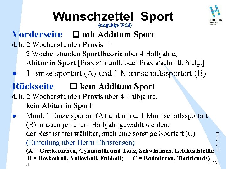Wunschzettel Sport (endgültige Wahl) Vorderseite mit Additum Sport d. h. 2 Wochenstunden Praxis +