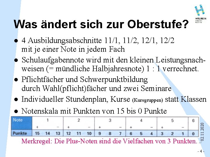 Was ändert sich zur Oberstufe? l l 4 Ausbildungsabschnitte 11/1, 11/2, 12/1, 12/2 mit