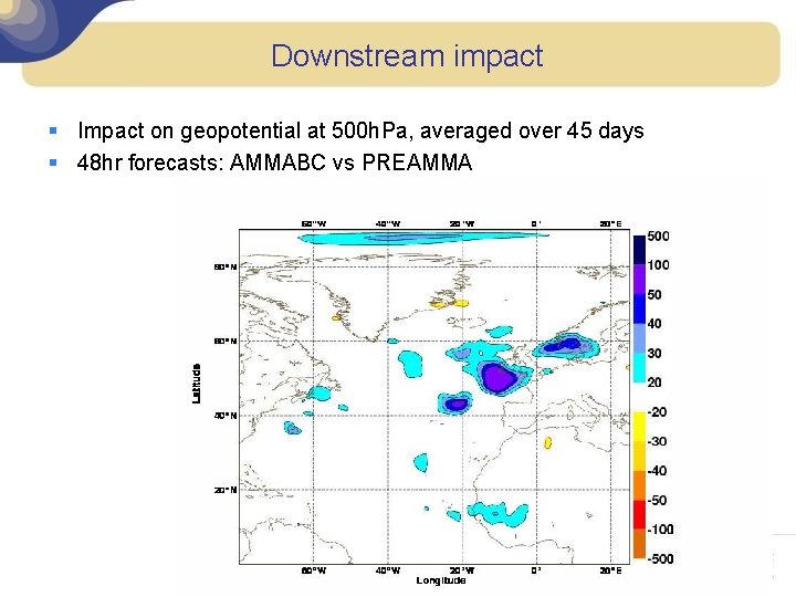 Downstream impact Impact on geopotential at 500 h. Pa, averaged over 45 days 48