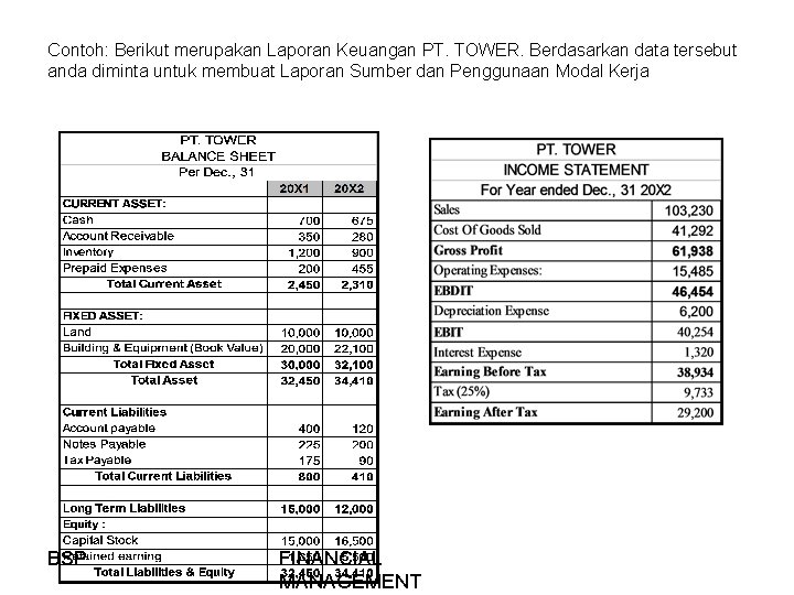 Contoh: Berikut merupakan Laporan Keuangan PT. TOWER. Berdasarkan data tersebut anda diminta untuk membuat