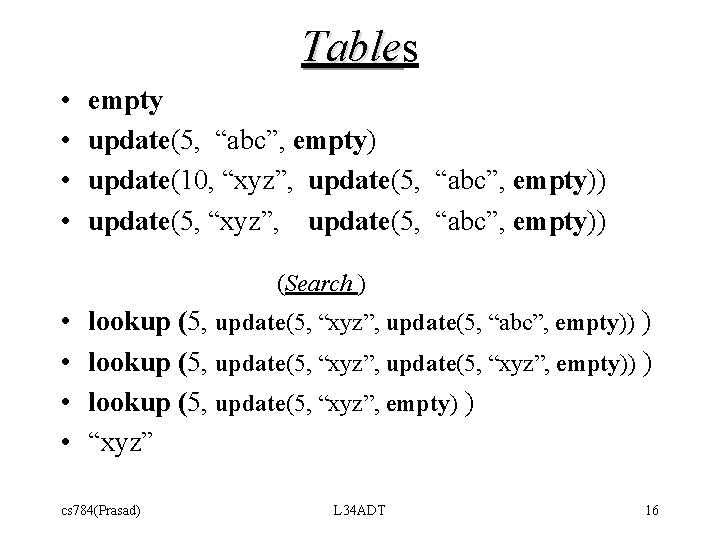 Tables Table • • empty update(5, “abc”, empty) update(10, “xyz”, update(5, “abc”, empty)) update(5,