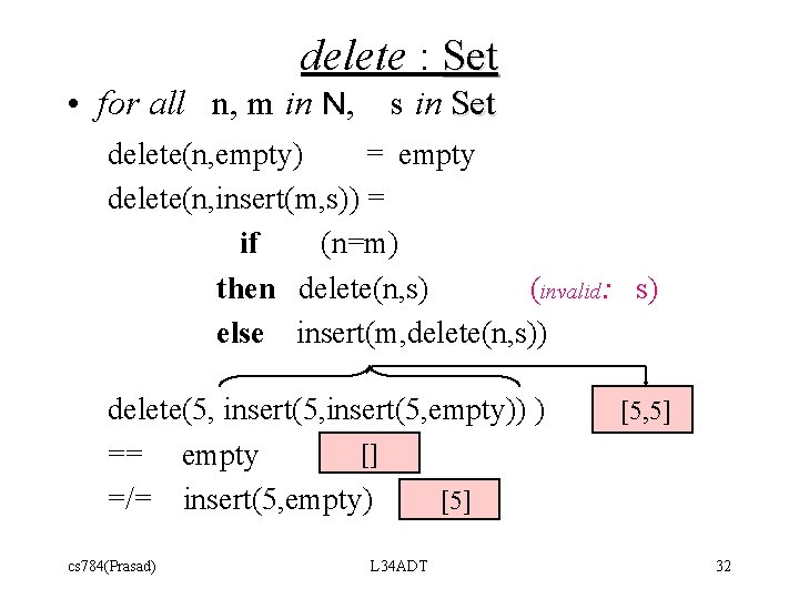 delete : Set • for all n, m in N, s in Set delete(n,